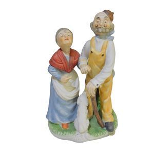 Bisque Ceramic Vintage 7.25” Older Man And Woman Dog Wooden Cane‎ Figurine